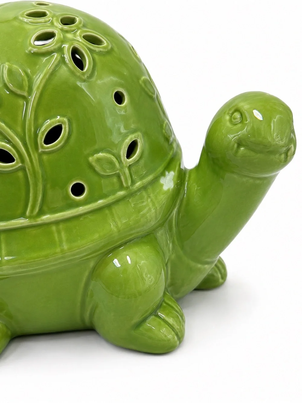 Ceramic Light-Up Garden Turtle Lantern – Green Floral Cutout Decor 9”